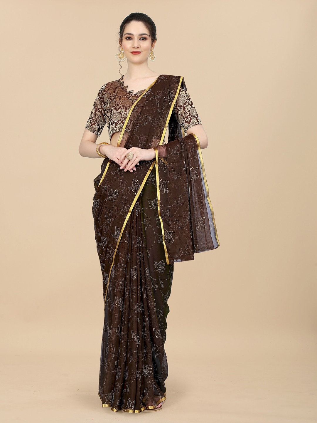 

Aardiva Floral Printed Zari Saree, Brown