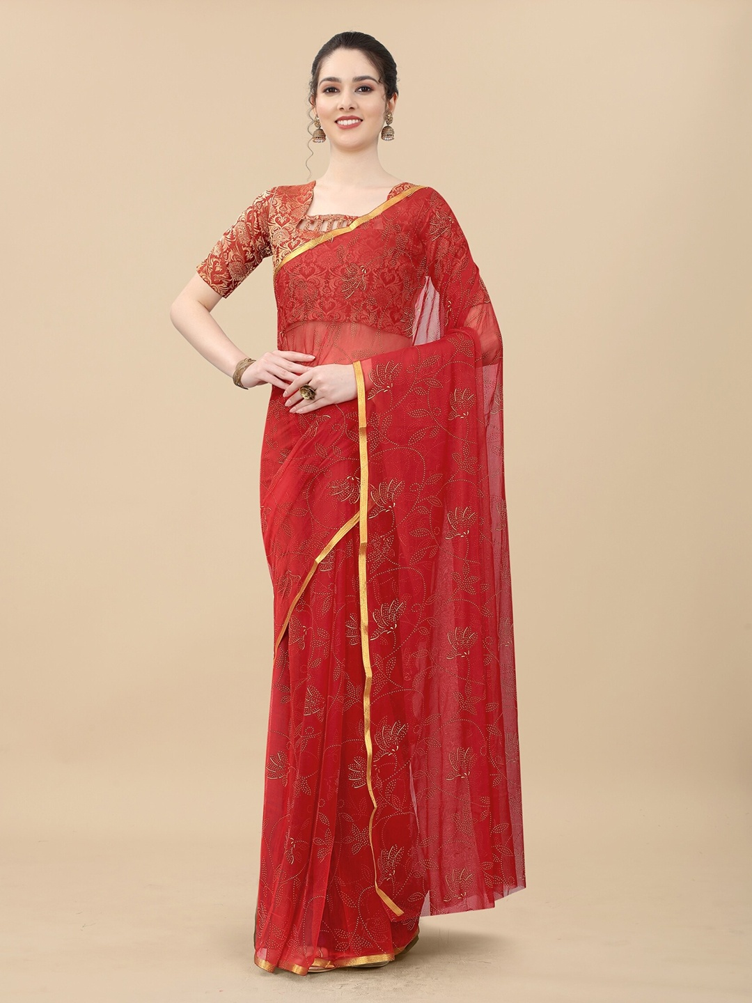 

Aardiva Floral Printed Zari Saree, Red