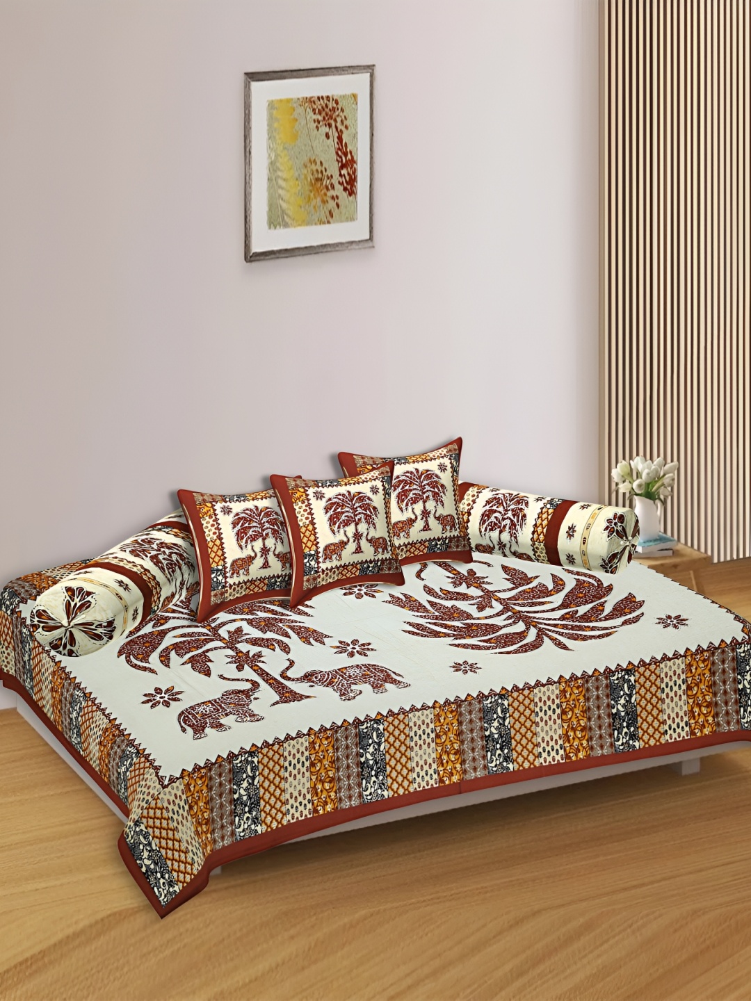 

Texstylers Rust Brown & White 6 Pieces Printed Cotton Diwan Set