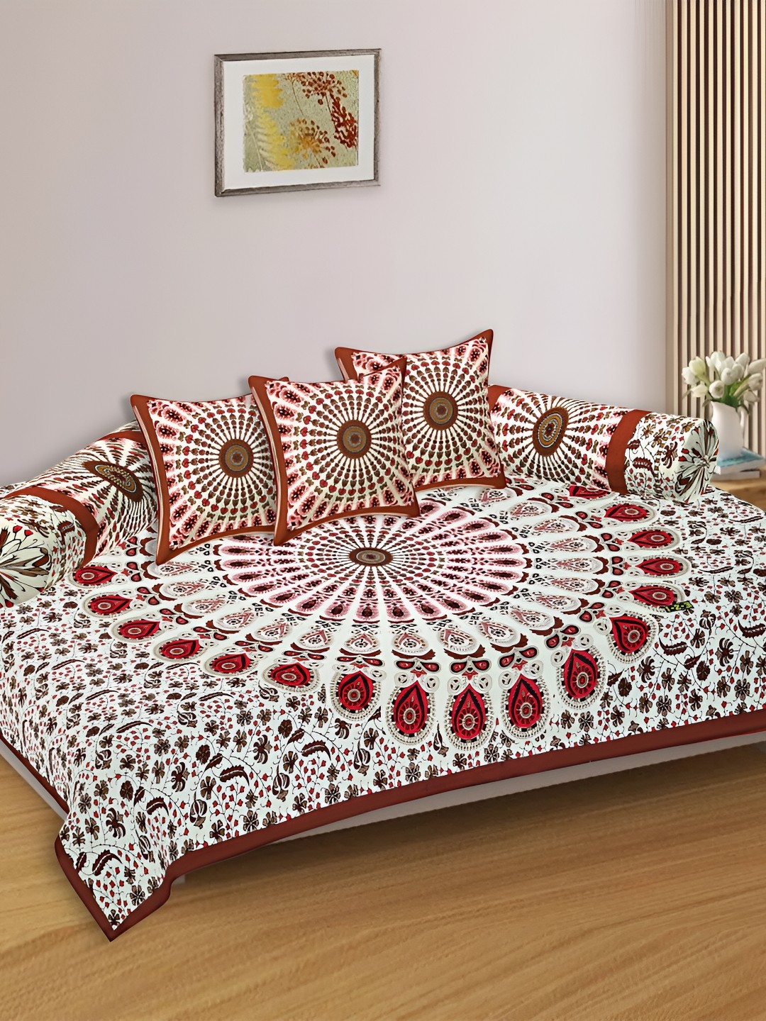 

Texstylers Rust Brown & White 6 Pieces Printed Cotton Diwan Set