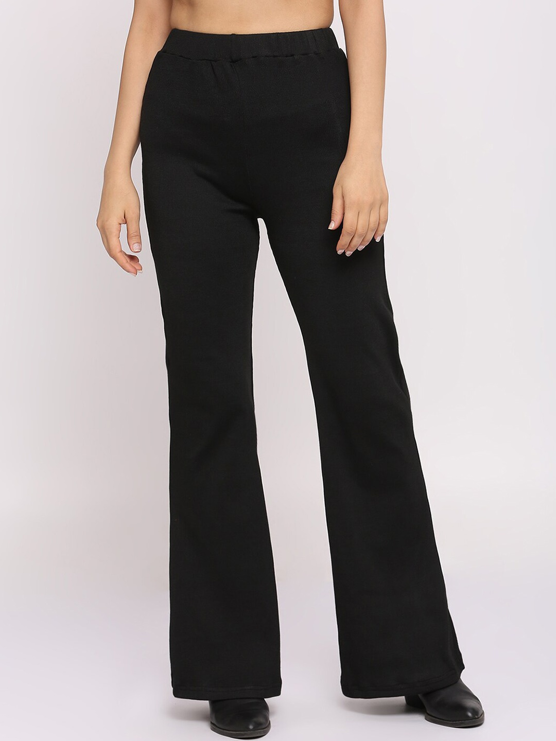 

Pink Guava Women Urban Flared Cotton Easy Wash Formal Trousers, Black