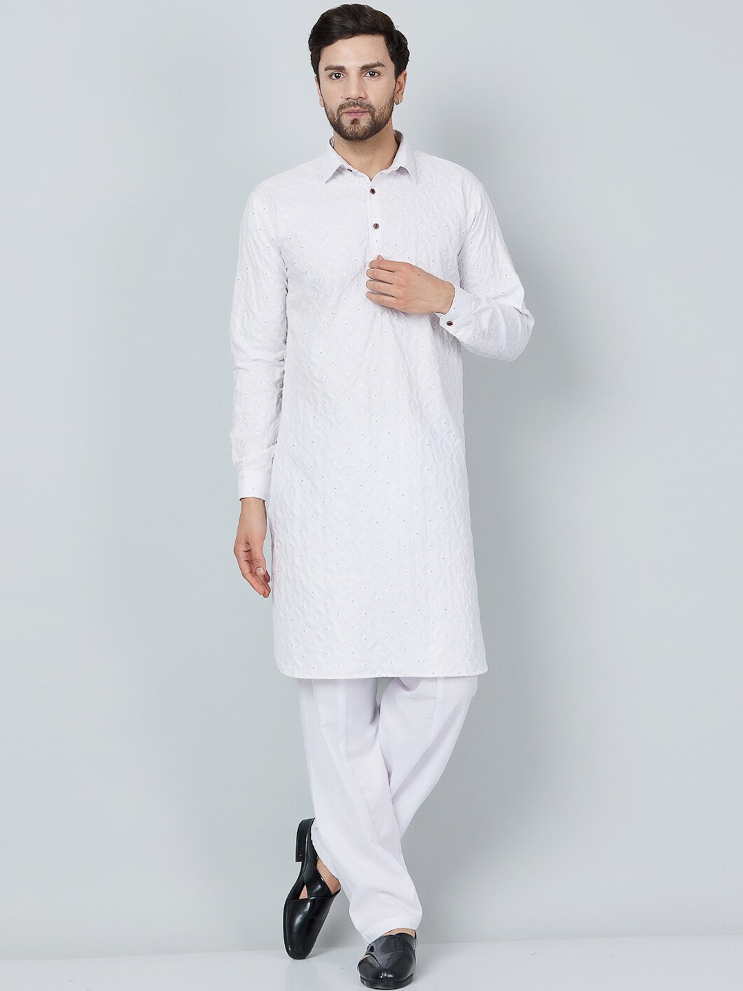 

Kaifoo Embroidered Straight Sequinned Kurta with Salwar, White