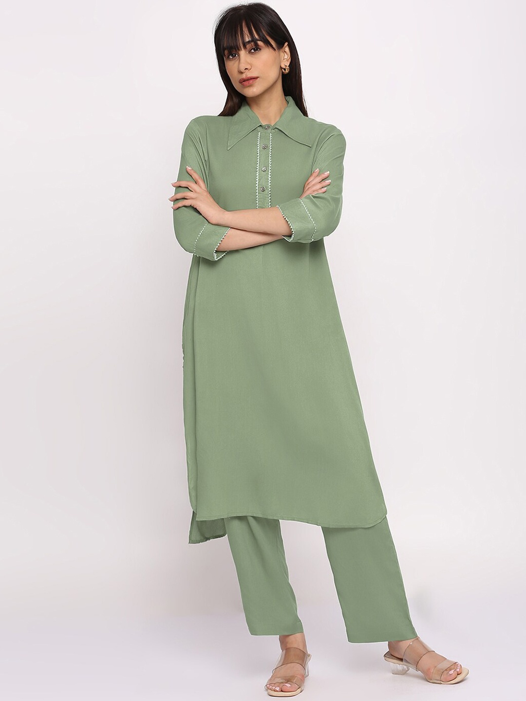 

Pink Guava Shirt Collar Gotta Patti Straight Kurta with Palazzos, Olive