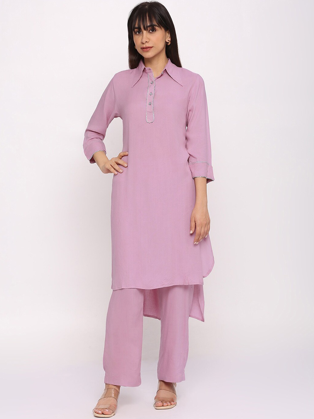 

Pink Guava Regular Shirt collar Gotta Patti Kurta with Palazzo, Purple