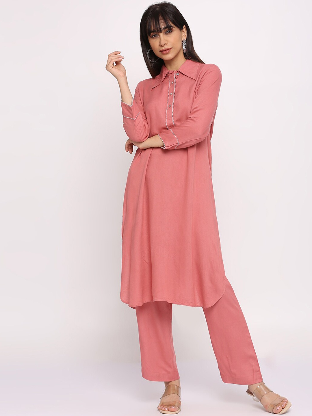 

Pink Guava Shirt Collar Gotta Patti Straight Kurta with Palazzos, Coral