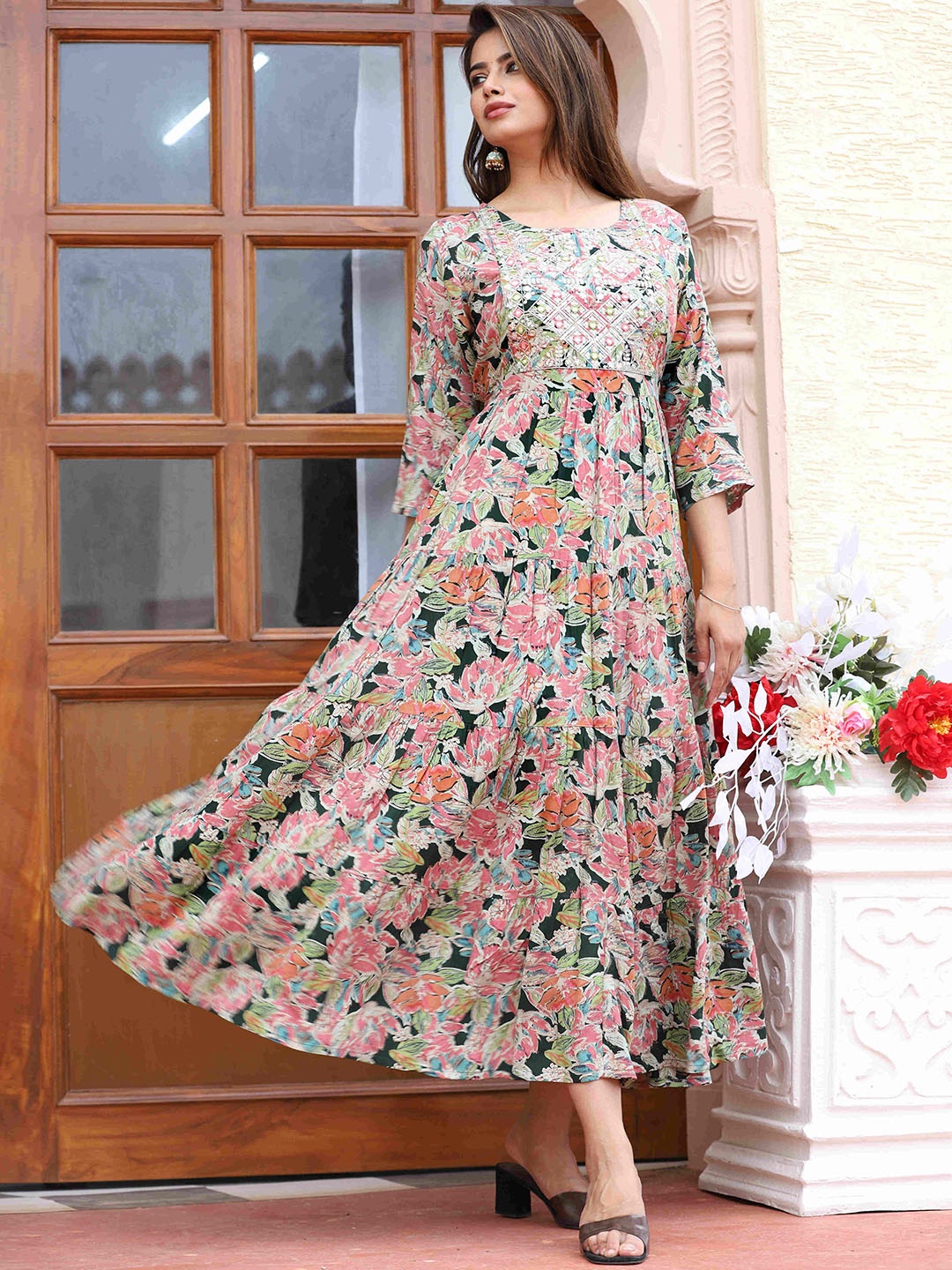 KALINI Floral Printed Mirror Work Anarkali Kurta, Cream