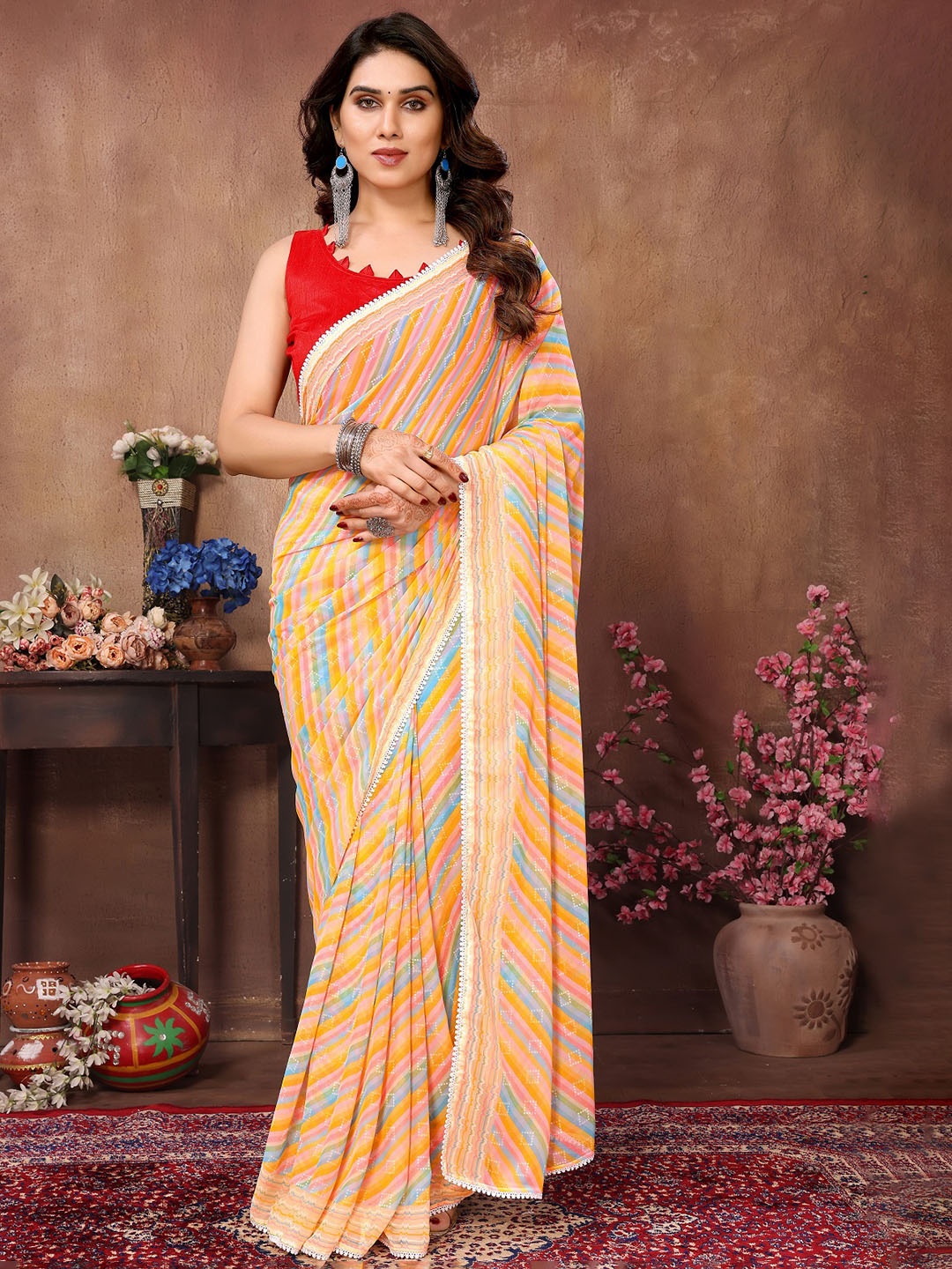 

Mitera Leheriya Poly Georgette Ready to Wear Saree, Yellow