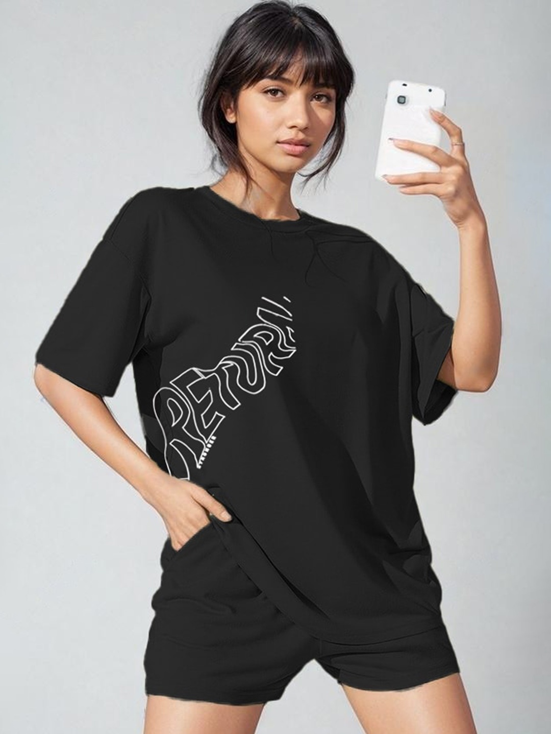 

KRAASA Typography Printed Round-Neck T-Shirt With Shorts Co-Ords, Black