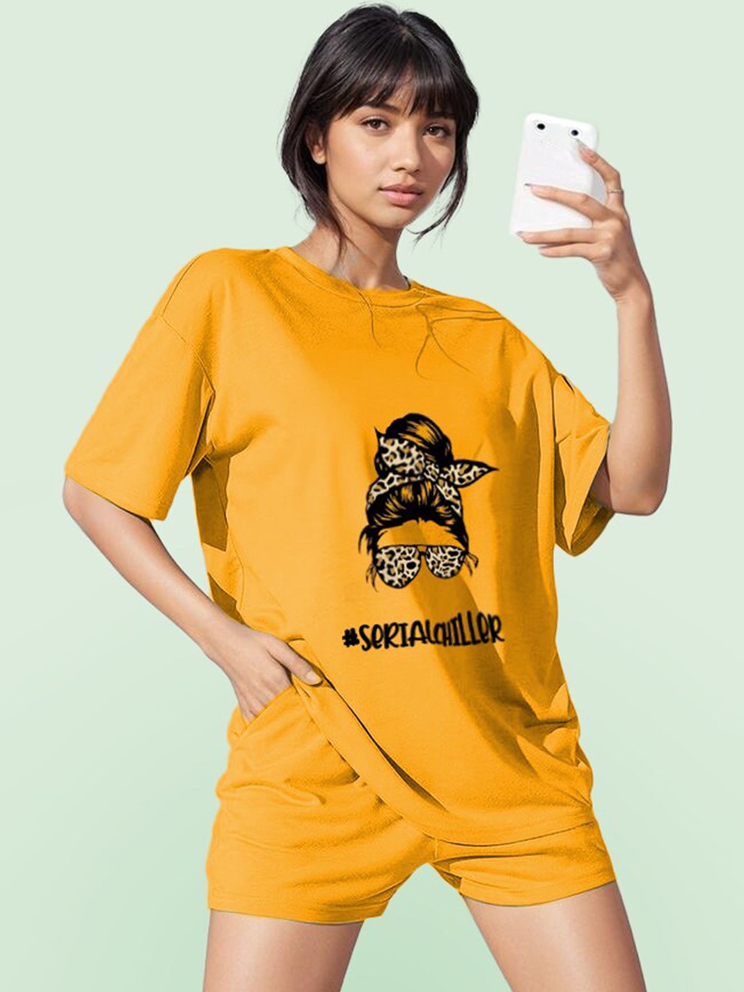 

KRAASA Graphic Printed T-Shirt & Shorts, Mustard