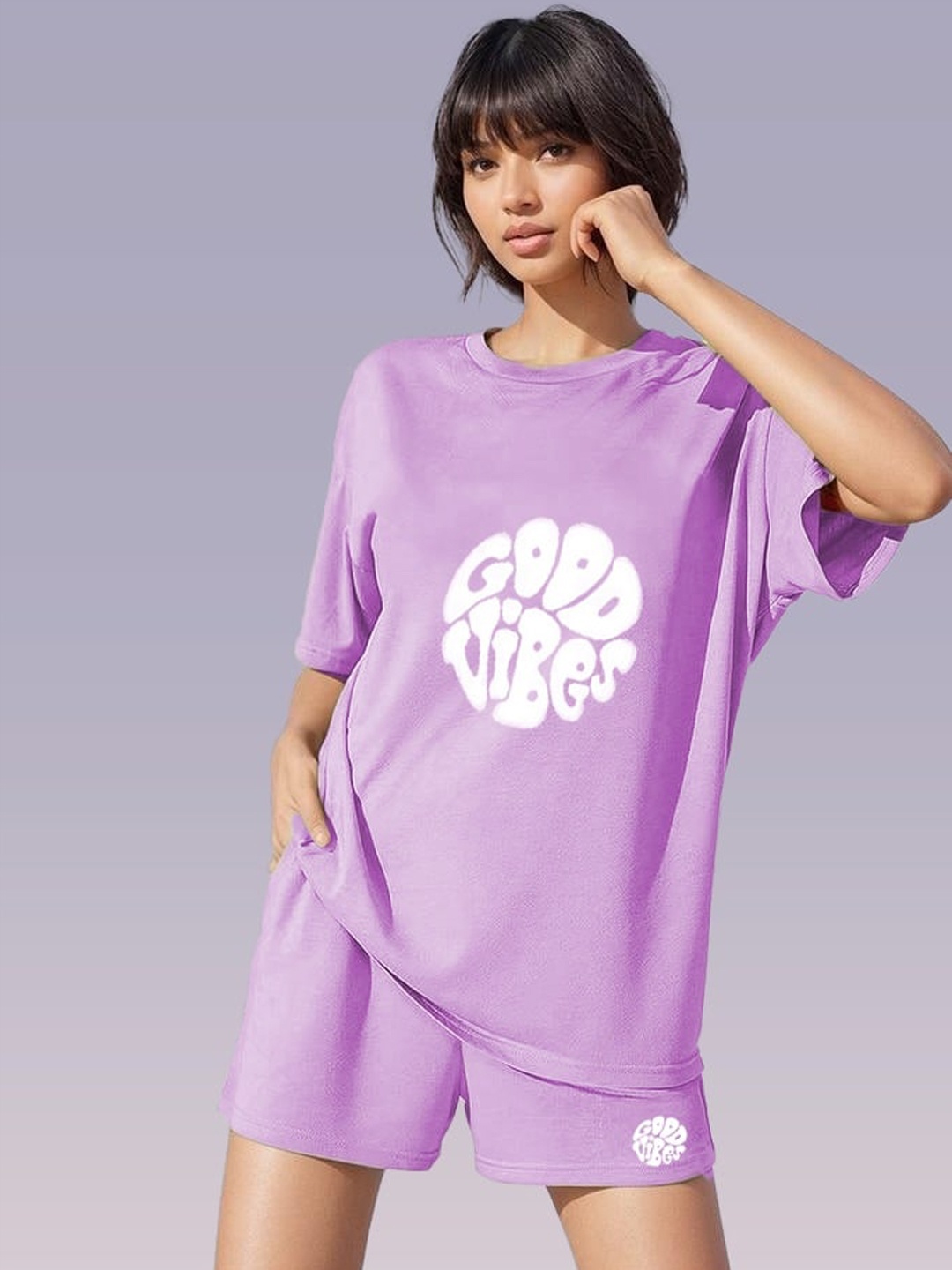 

KRAASA Printed T-Shirt With Shorts, Lavender