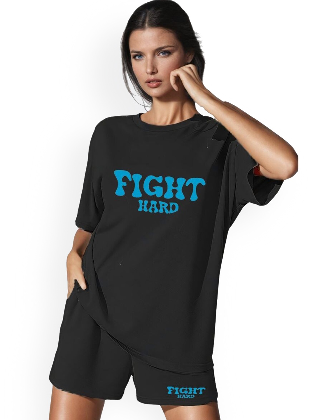 

KRAASA Typography Printed Round Neck T-Shirt & Flared Shorts, Black