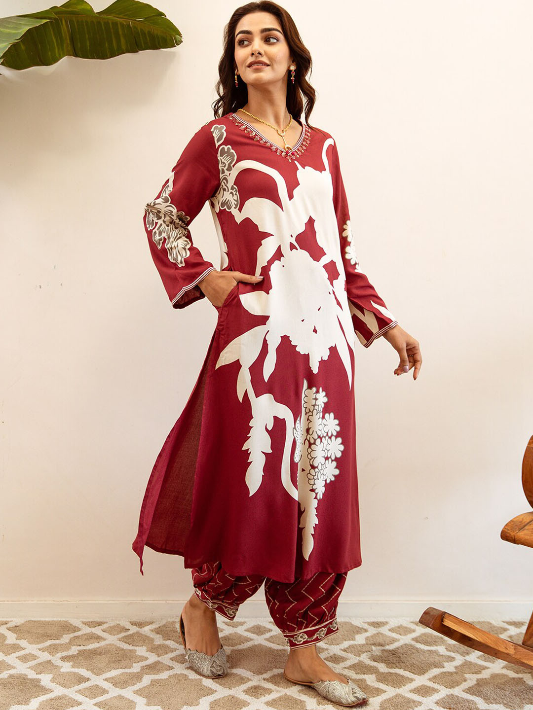 

Ishin Quirky Printed Beads and Stones Pure Cotton Kurta With Trousers & Dupatta, Maroon