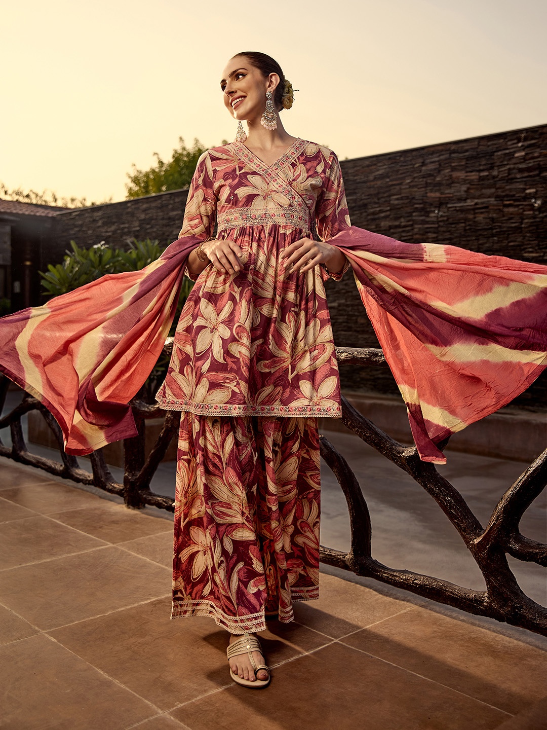 

Ishin Floral Printed Cotton Angrakha A-line Kurta with Sharara and Mulmul Dupatta, Pink