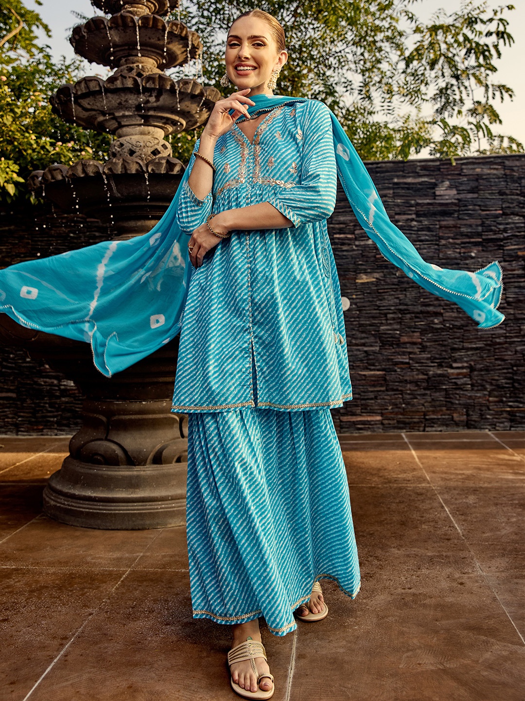 

Ishin Leheriya A-line Side Tie-Up Cotton Kurta with Sharara and Tie and Dye Dupatta, Blue