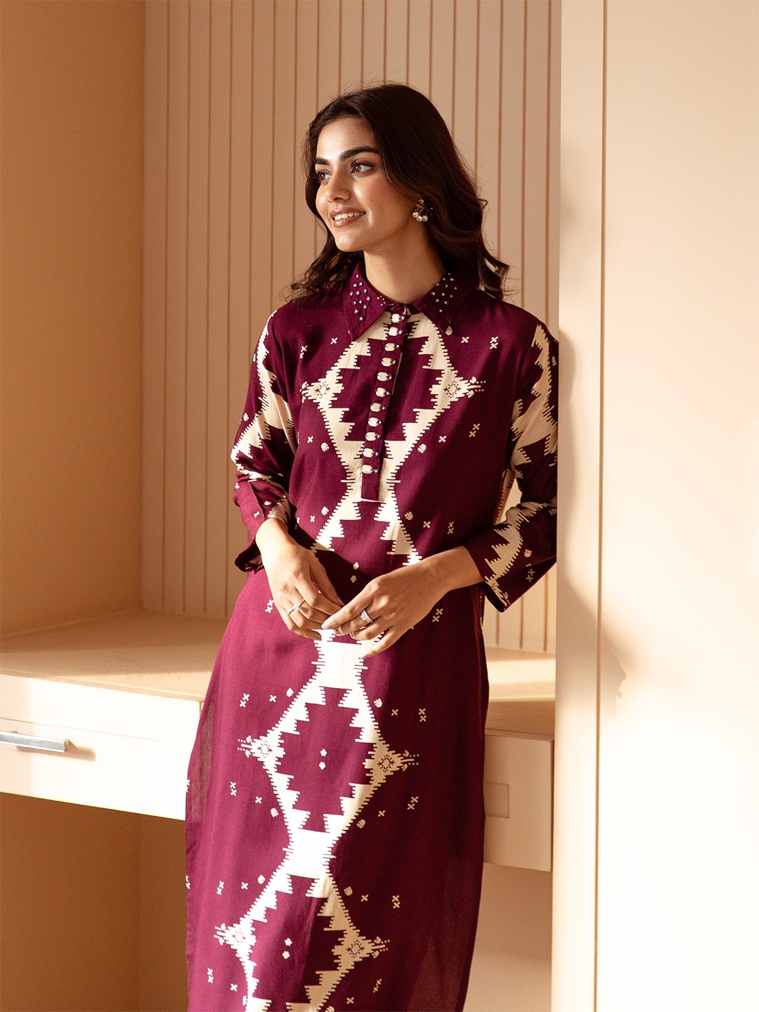 

Ishin Women Printed Regular Mirror Work Pure Cotton Kurta with Trousers, Purple