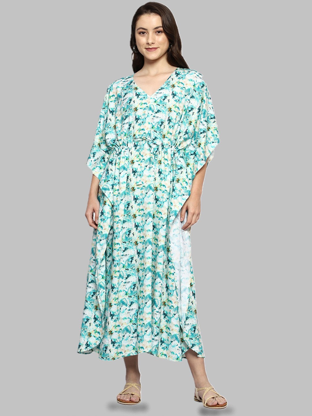 

CRAFTBAZAR Floral Printed Maxi Kaftan Maternity Nightdress, Green