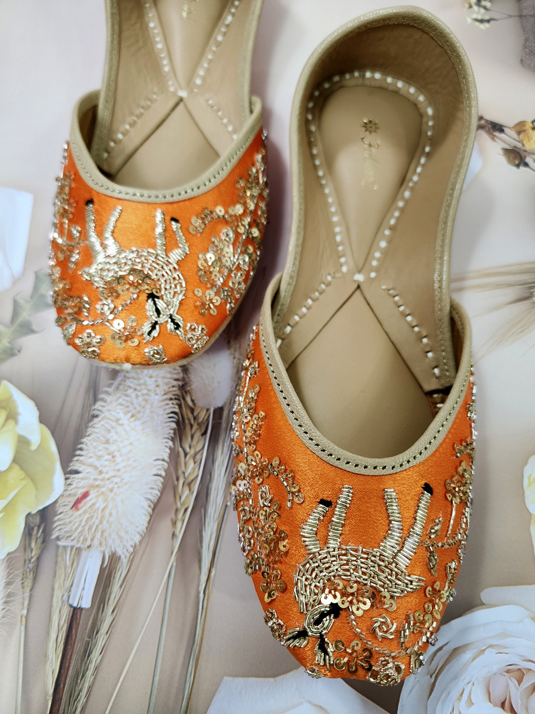 

Fulkari Embellished Round Toe Leather Mojaris, Orange
