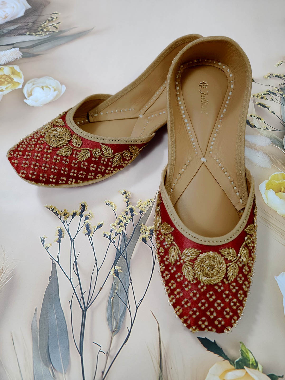 

Fulkari Embellished Round Toe Leather Mojaris, Maroon