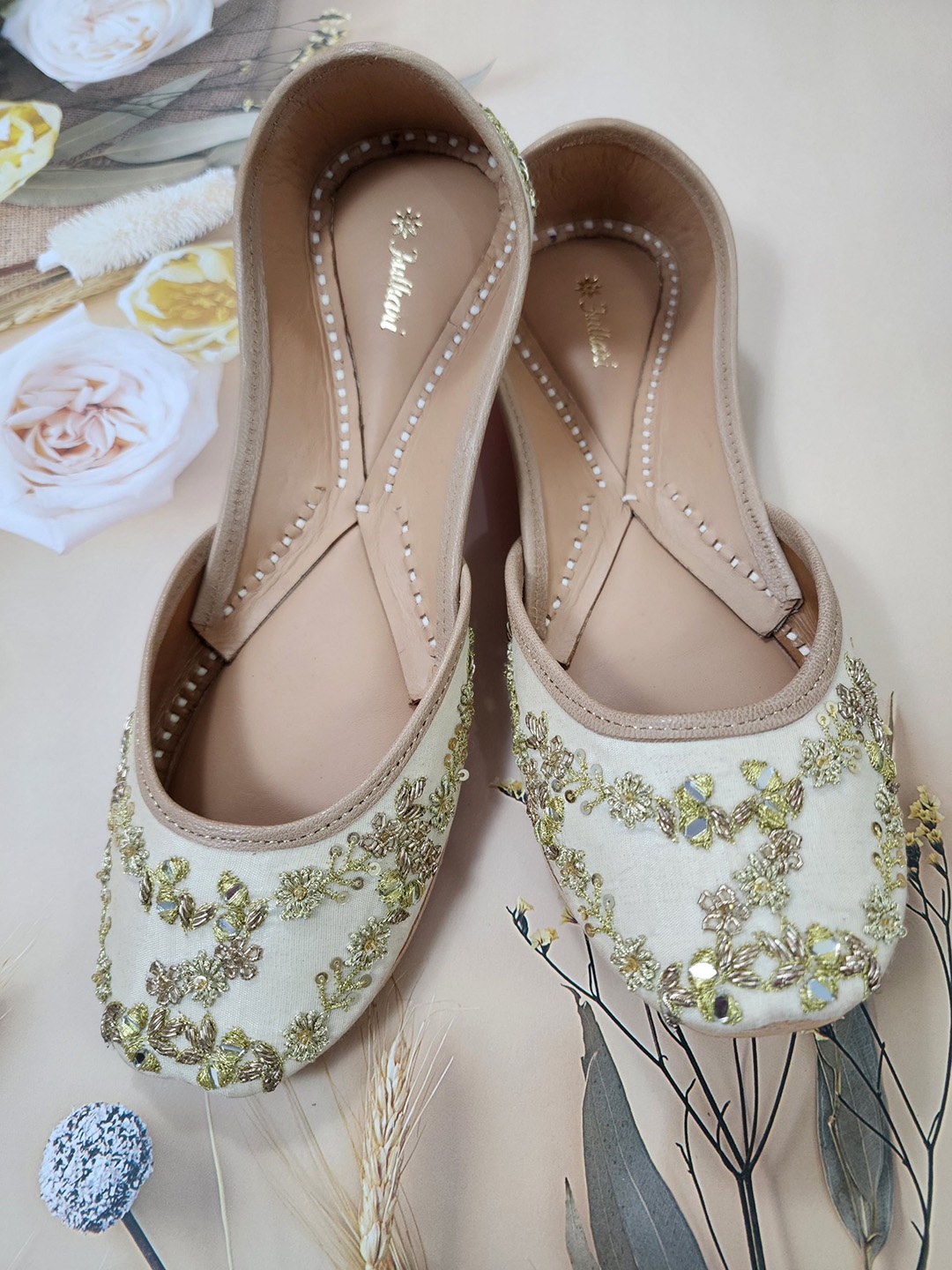 

Fulkari Embellished Round Toe Leather Mojaris, Beige
