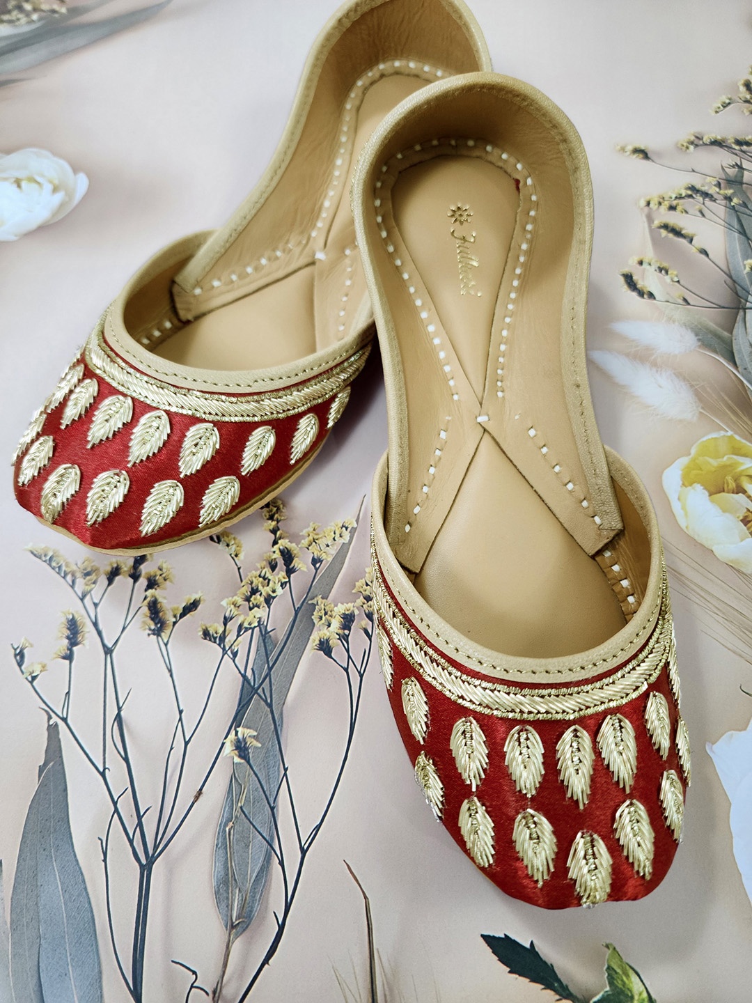

Fulkari Embellished Square Toe Leather Mojaris, Maroon
