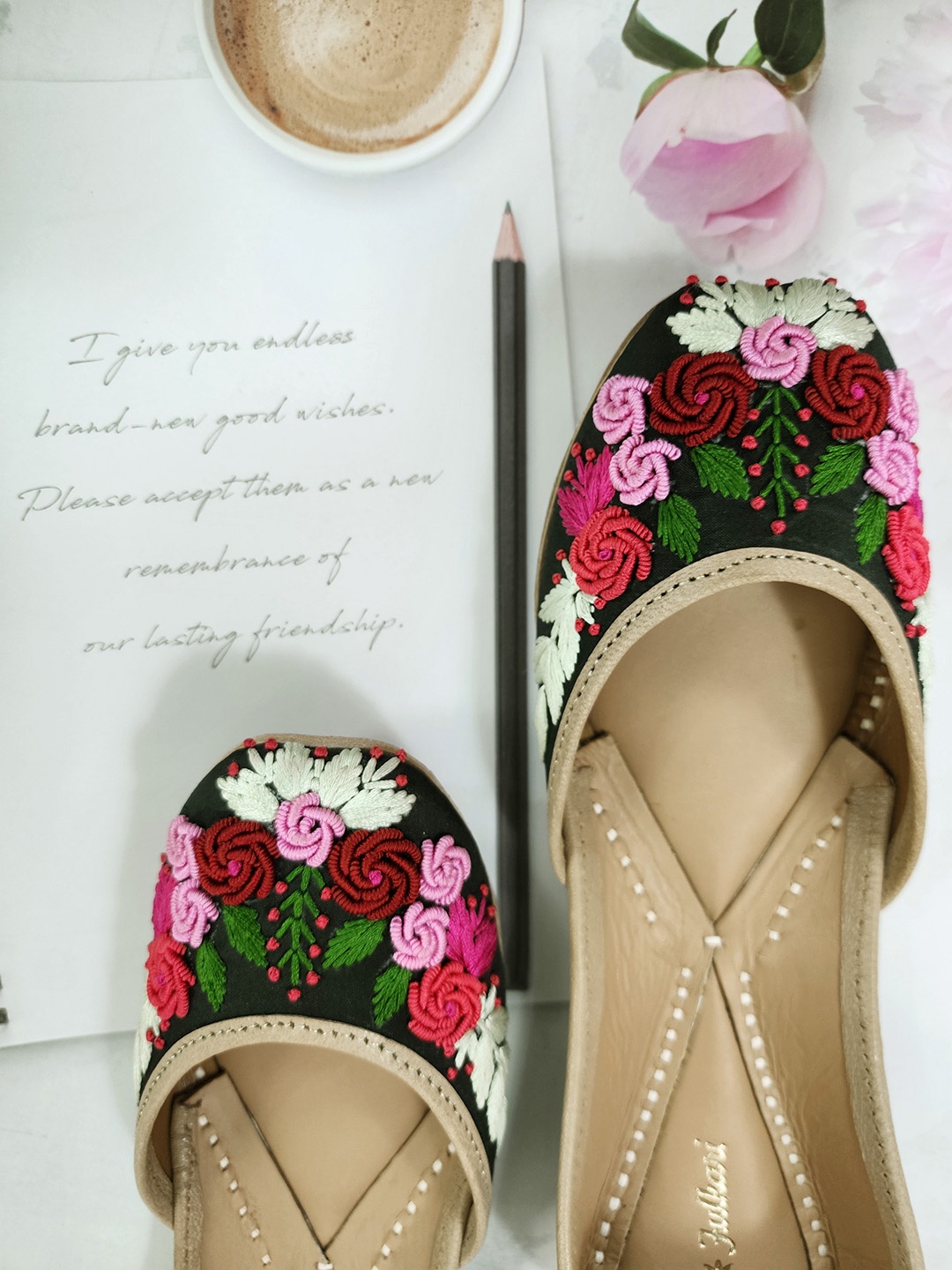 

Fulkari Embroidered Leather Mojaris, Black