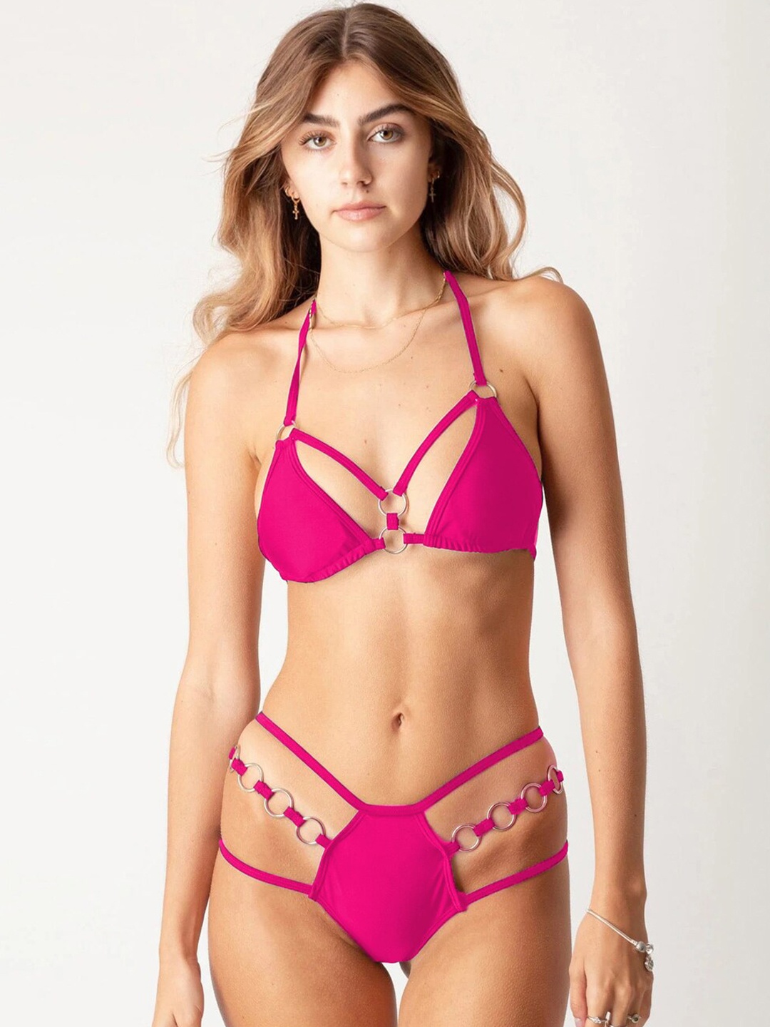 

VAGHBHATT Halter Neck Mid-Rise Thong Bikini Lingerie Set, Pink
