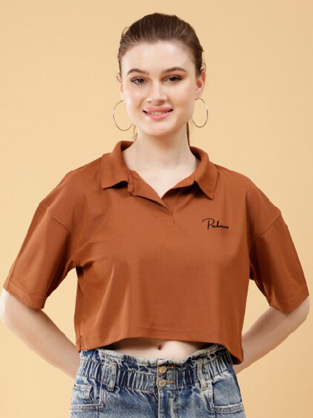 

PockMAN Shirt Collar Crepe Crop Top, Brown