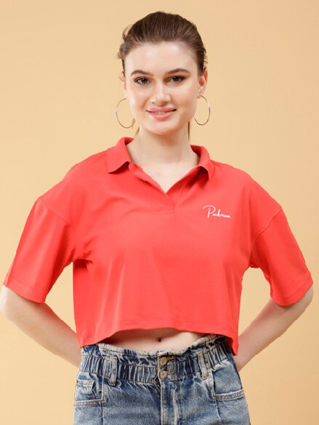 

PockMAN Shirt Collar Crepe Boxy Crop Top, Red
