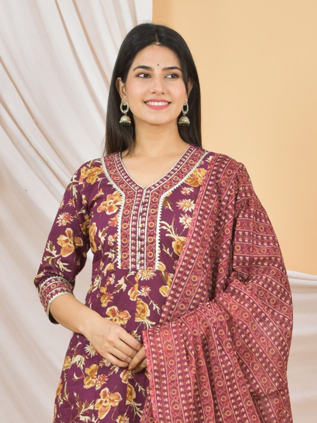 

JAHIDA COMFORT WITH STYLE Floral Printed Pure Cotton Kurta with Palazzos & With Dupatta, Maroon