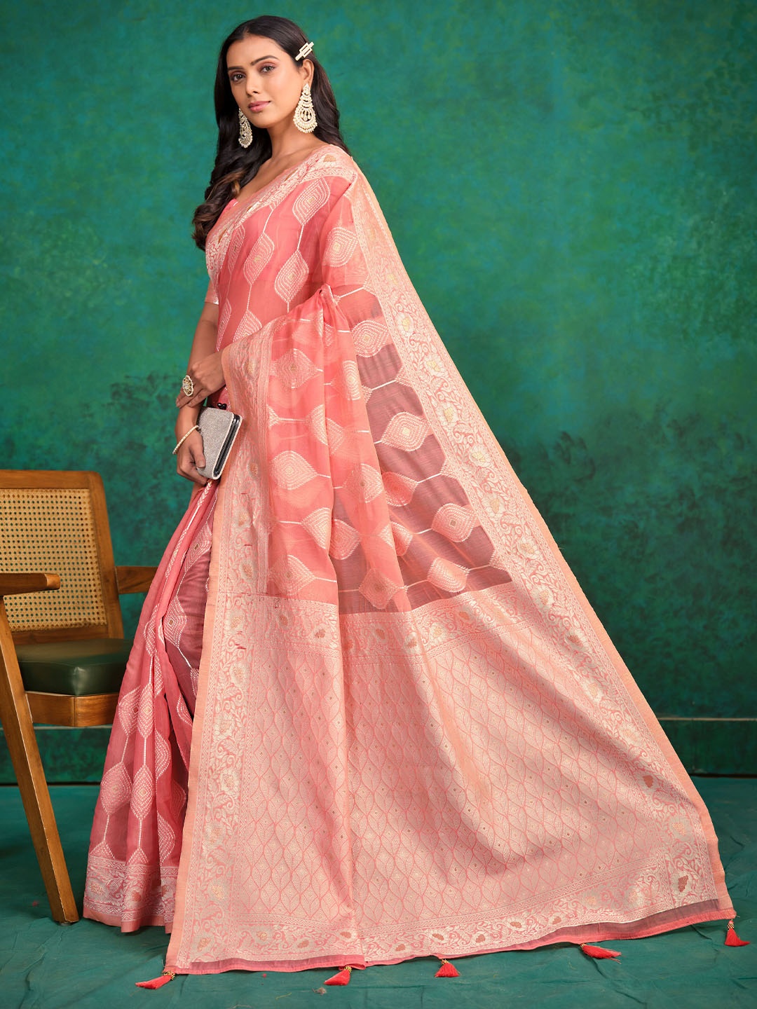 

Sangria Peach-Coloured Ethnic Motifs Woven Design Zari Saree