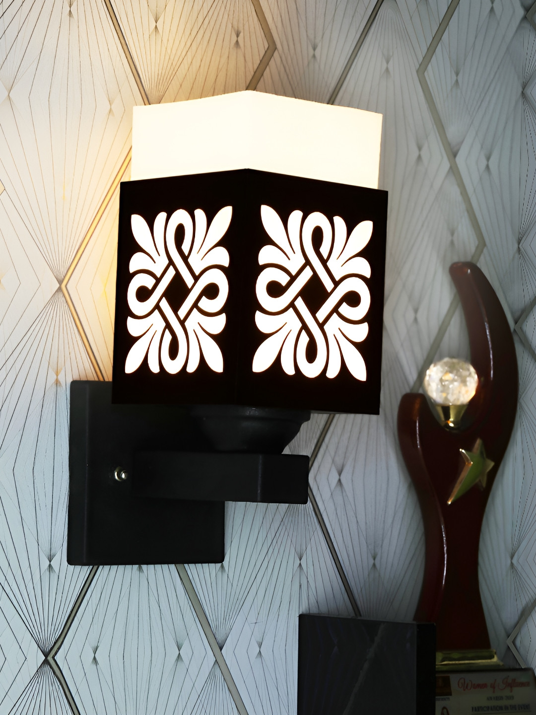 

1ST TIME White & Black Textured Wooden Traditional Square Shaped Wall Lamp