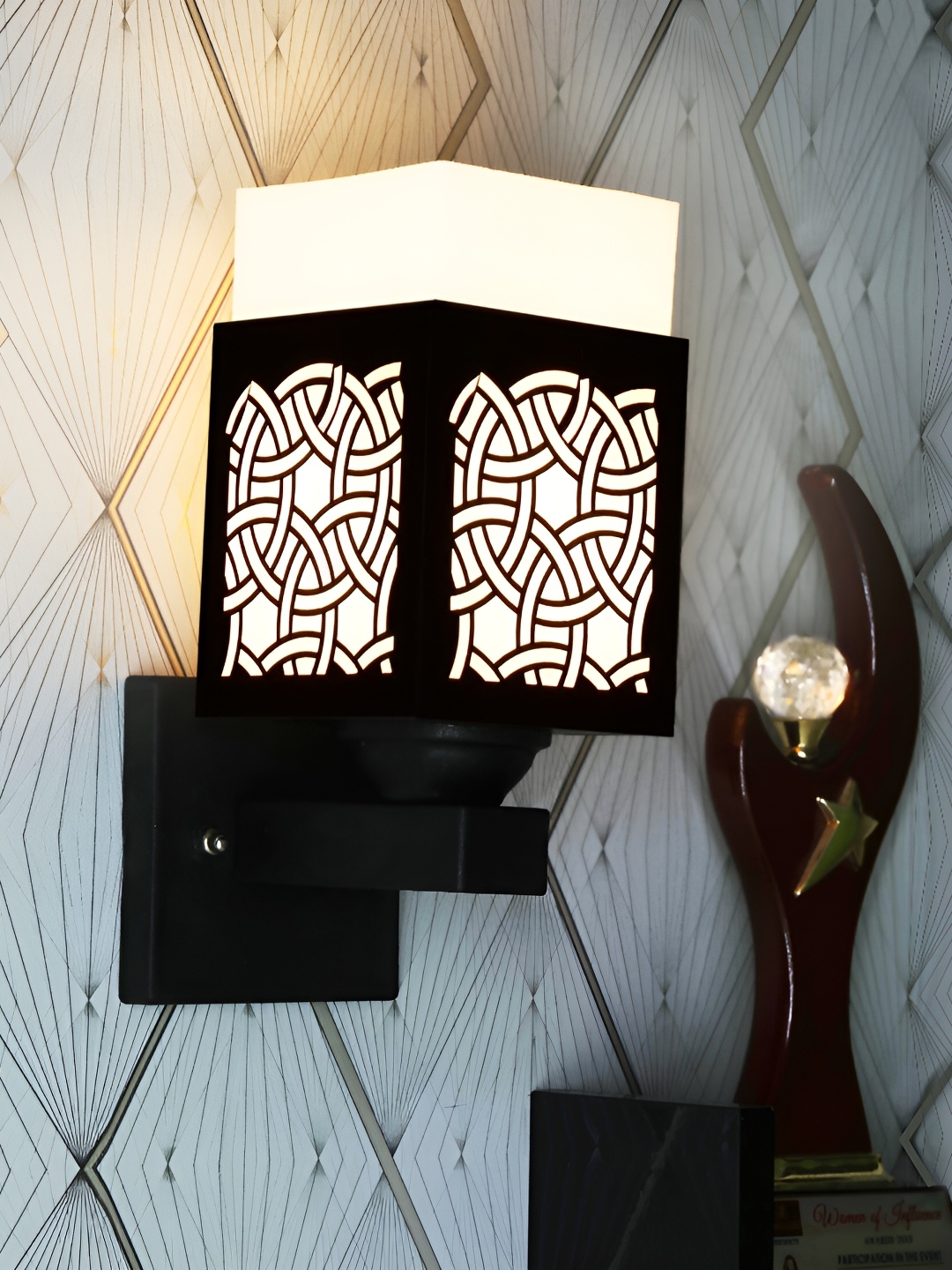 1ST TIME White & Black Textured Wooden Traditional Square Shaped Wall Lamp