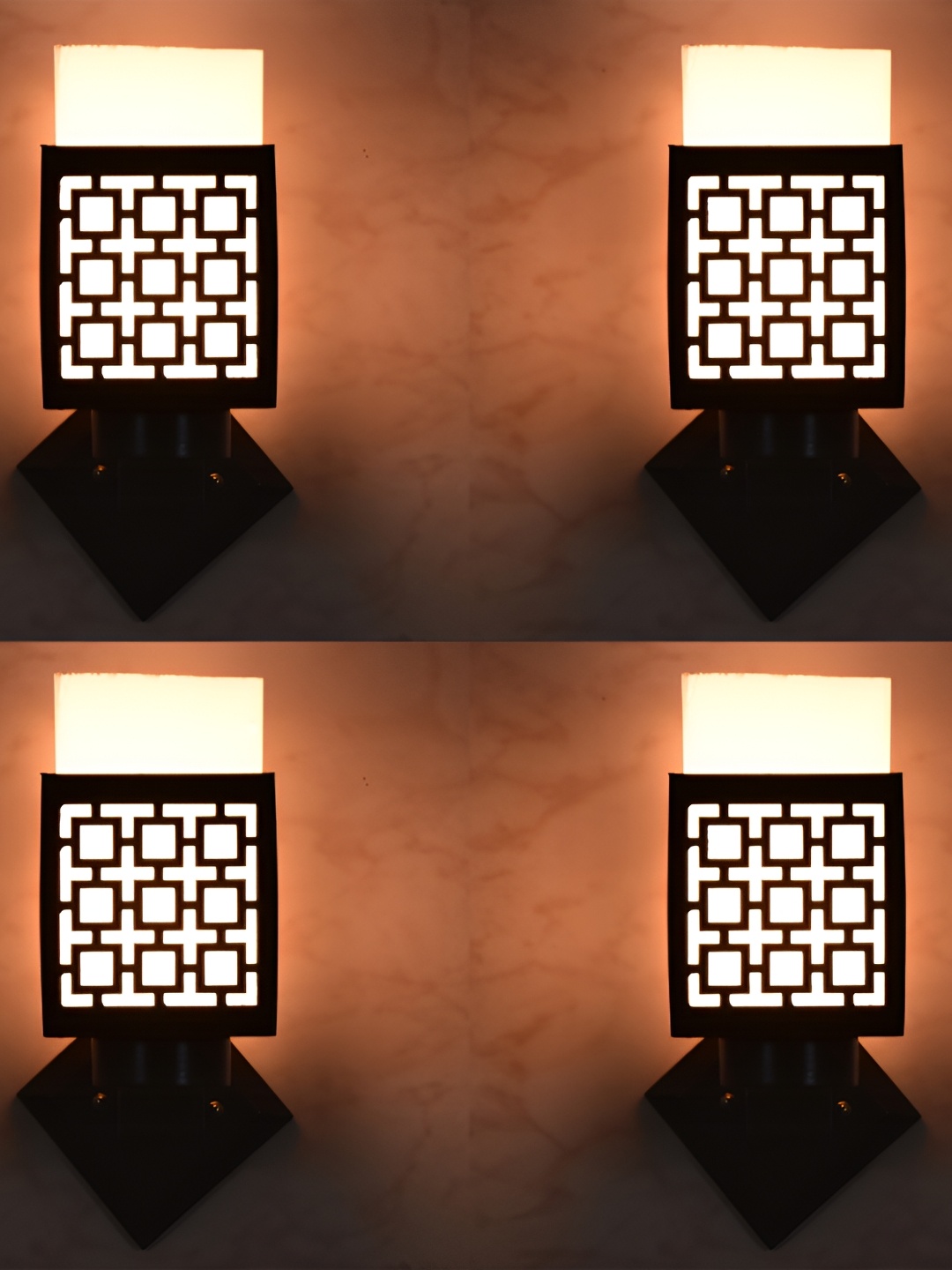 

1ST TIME White & Brown 4 Pcs Wooden Textured Square Shaped Wall Lamps