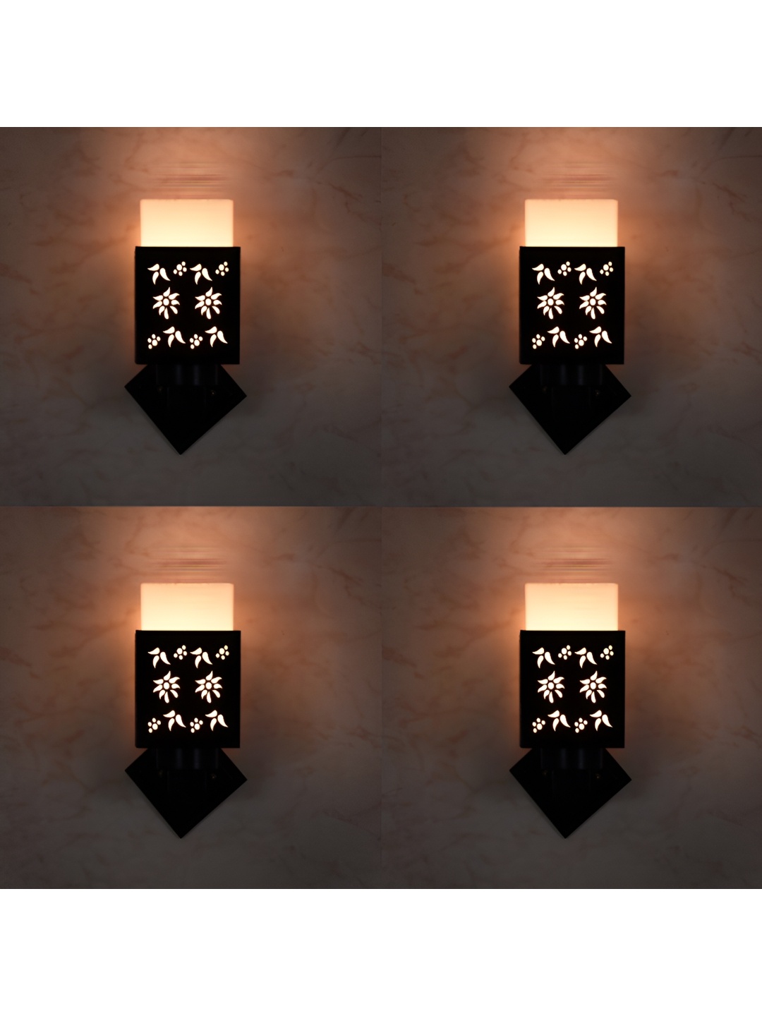 

1ST TIME White & Black 4 Pcs Textured Wooden Traditional Square Shaped Wall Lamp