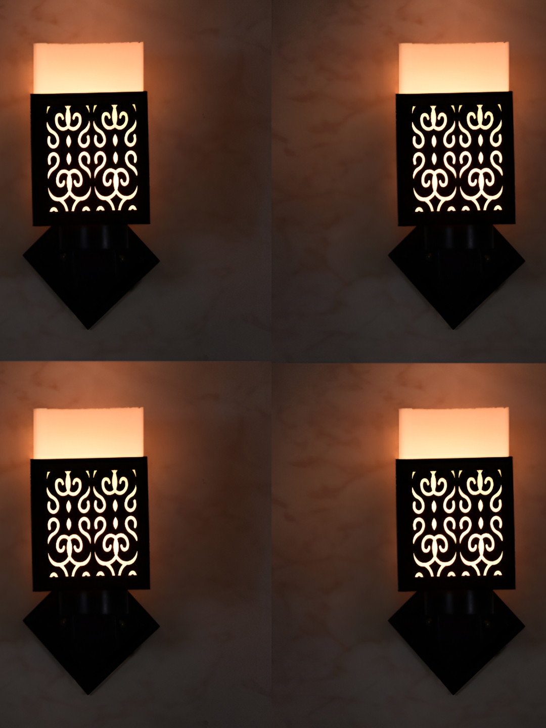 

1ST TIME Black & White 4 Pieces Textured Wooden Traditional Square Shaped Wall Lamps