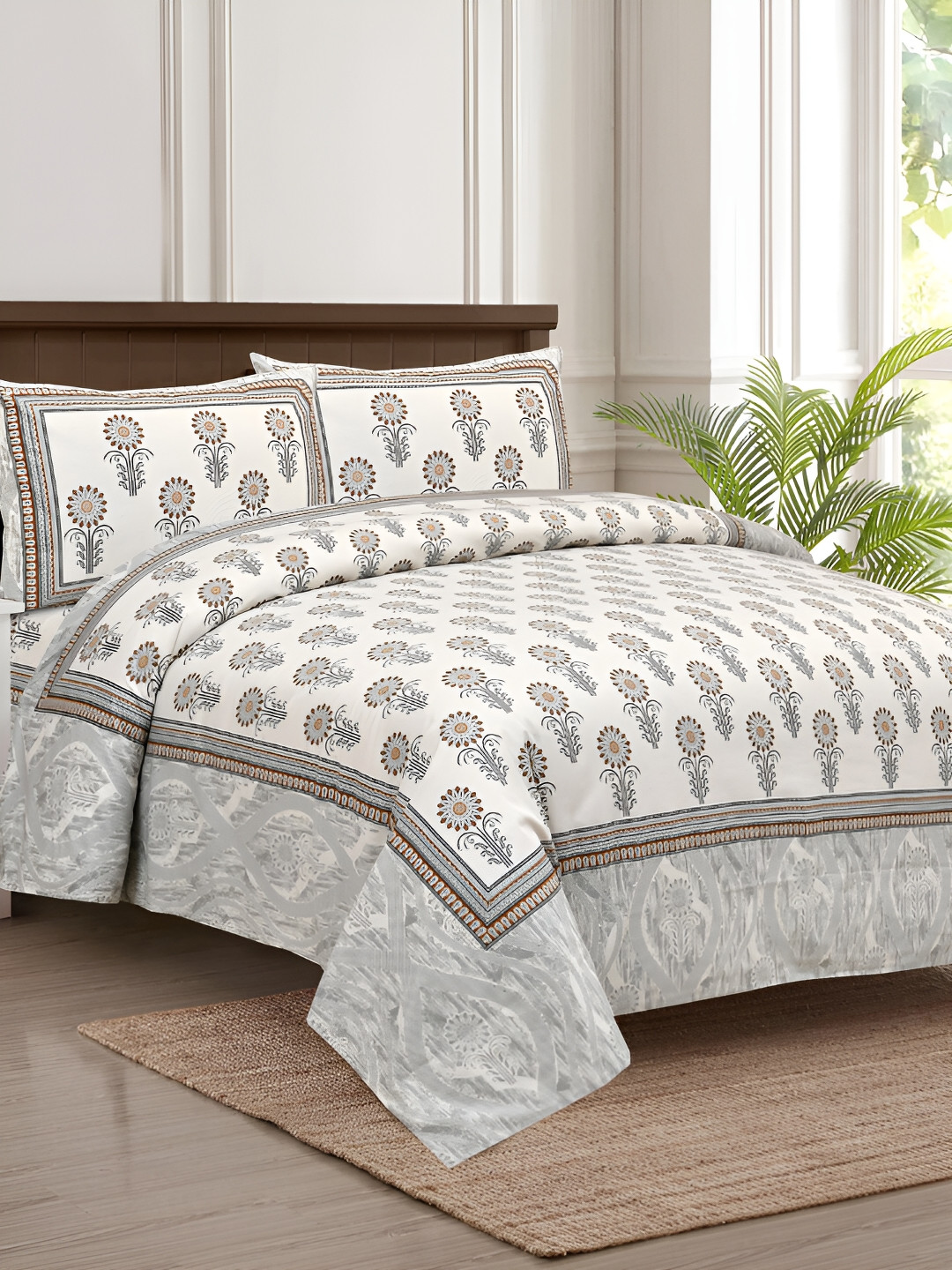 

JAIPUR FABRIC White & Grey Floral 180 TC King Bedsheet with 2 Pillow Covers