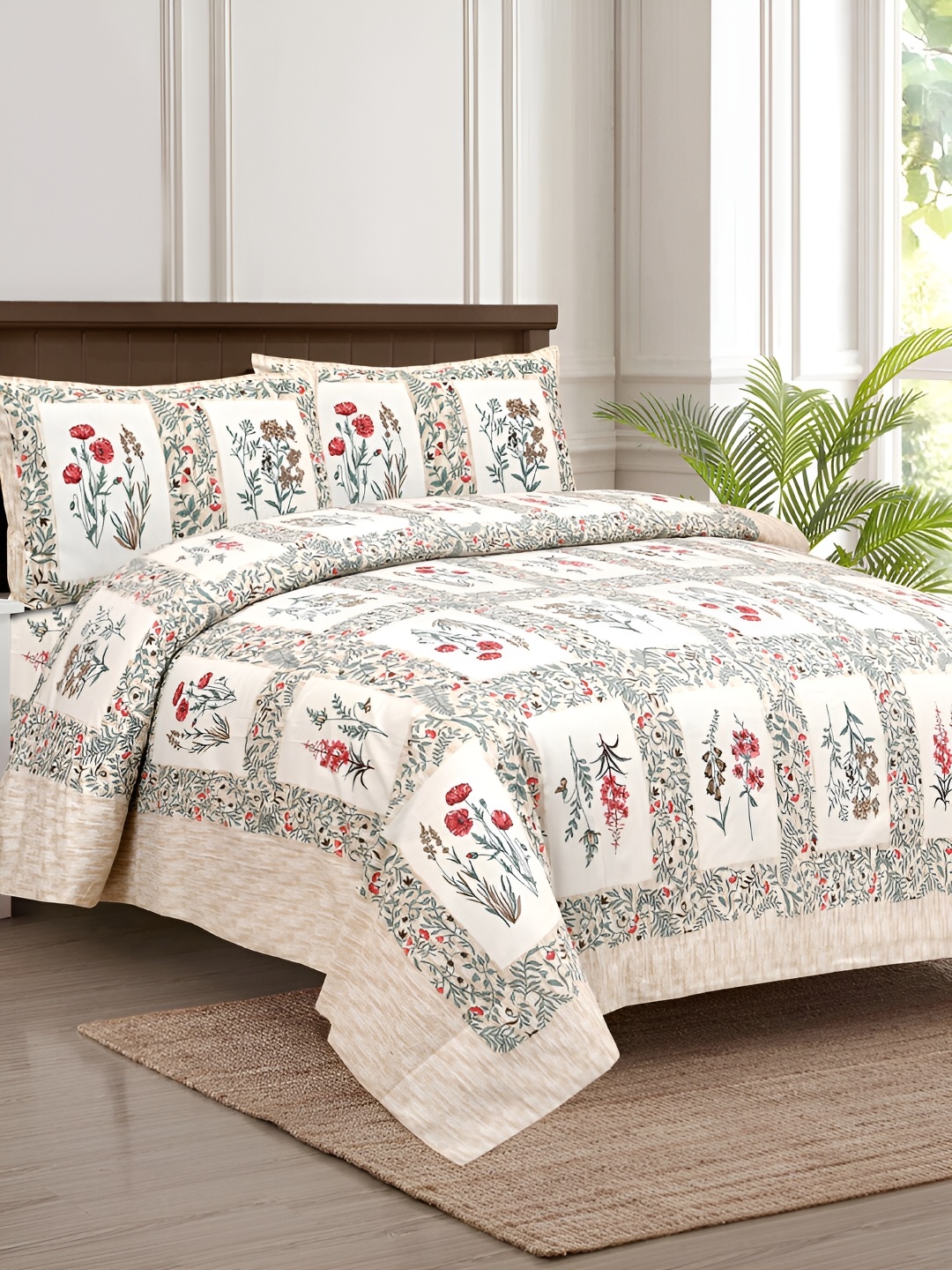 

JAIPUR FABRIC White & Red Floral 180 TC King Bedsheet with 2 Pillow Covers