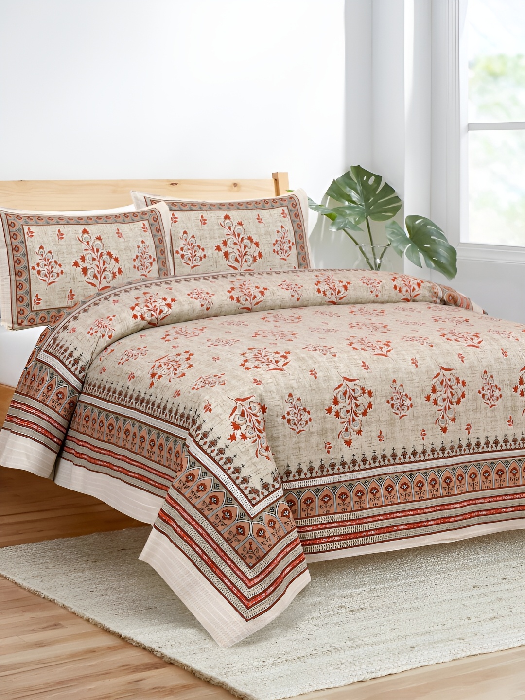 

JAIPUR FABRIC Brown & Red Ethnic Motifs 180 TC King Bedsheet with 2 Pillow Covers