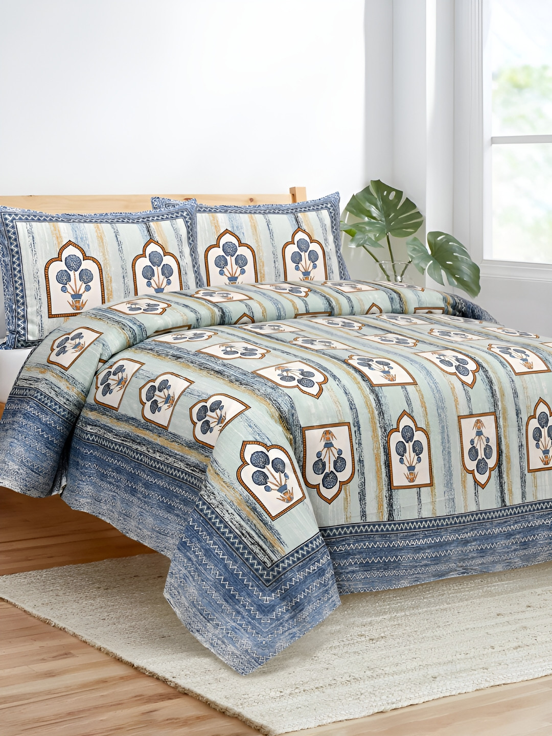 

JAIPUR FABRIC White & Blue Ethnic Motifs 180 TC King Bedsheet with 2 Pillow Covers