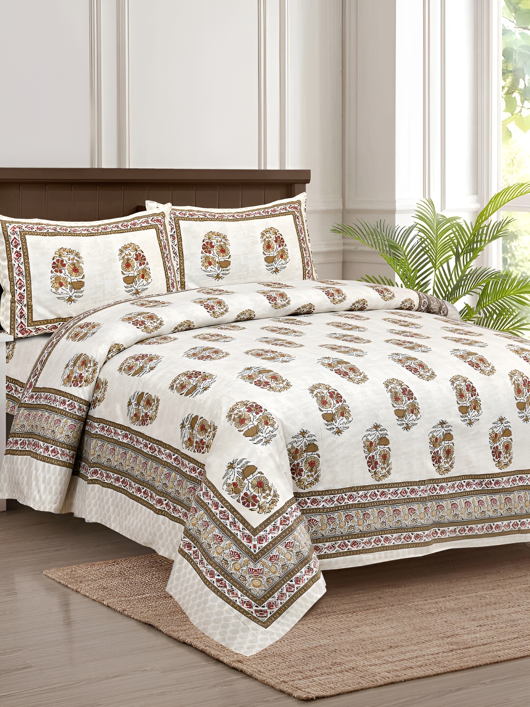 

JAIPUR FABRIC White & Red Ethnic Motifs 180 TC King Bedsheet with 2 Pillow Covers