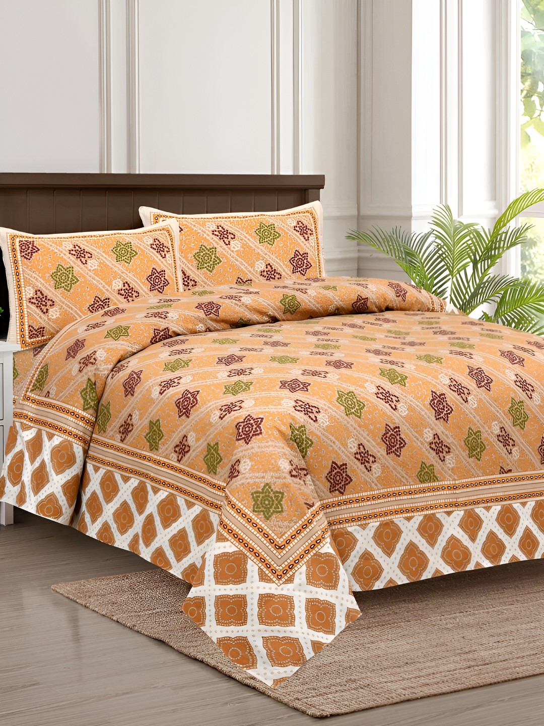 

JAIPUR FABRIC Orange & Green Geometric 180 TC King Bedsheet with 2 Pillow Covers