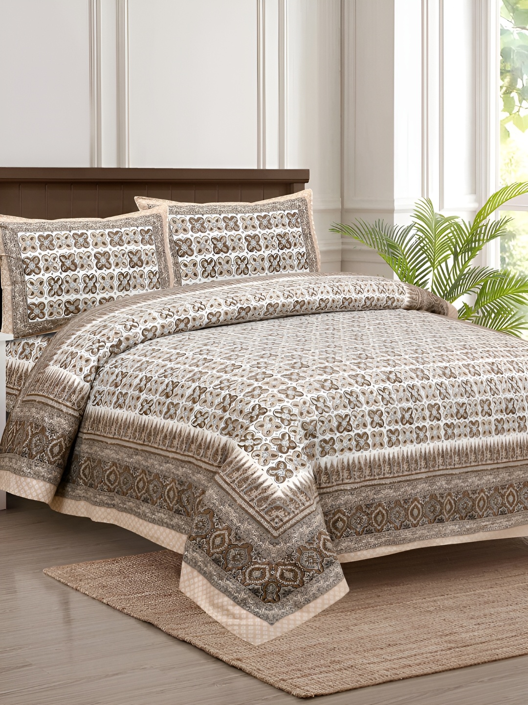 

JAIPUR FABRIC White & Brown Floral 180 TC King Bedsheet with 2 Pillow Covers