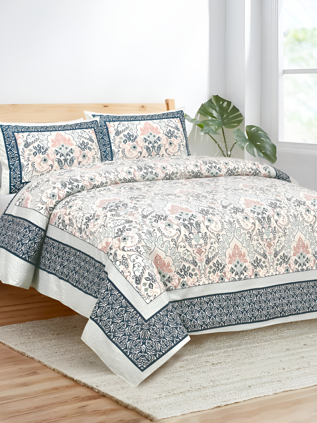 

JAIPUR FABRIC White & Peach-Coloured Floral 180 TC King Bedsheet with 2 Pillow Covers