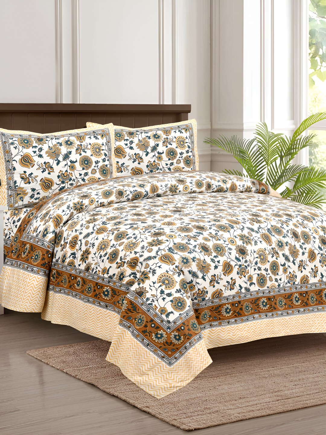 

JAIPUR FABRIC White & Blue Floral 180 TC King Bedsheet with 2 Pillow Covers