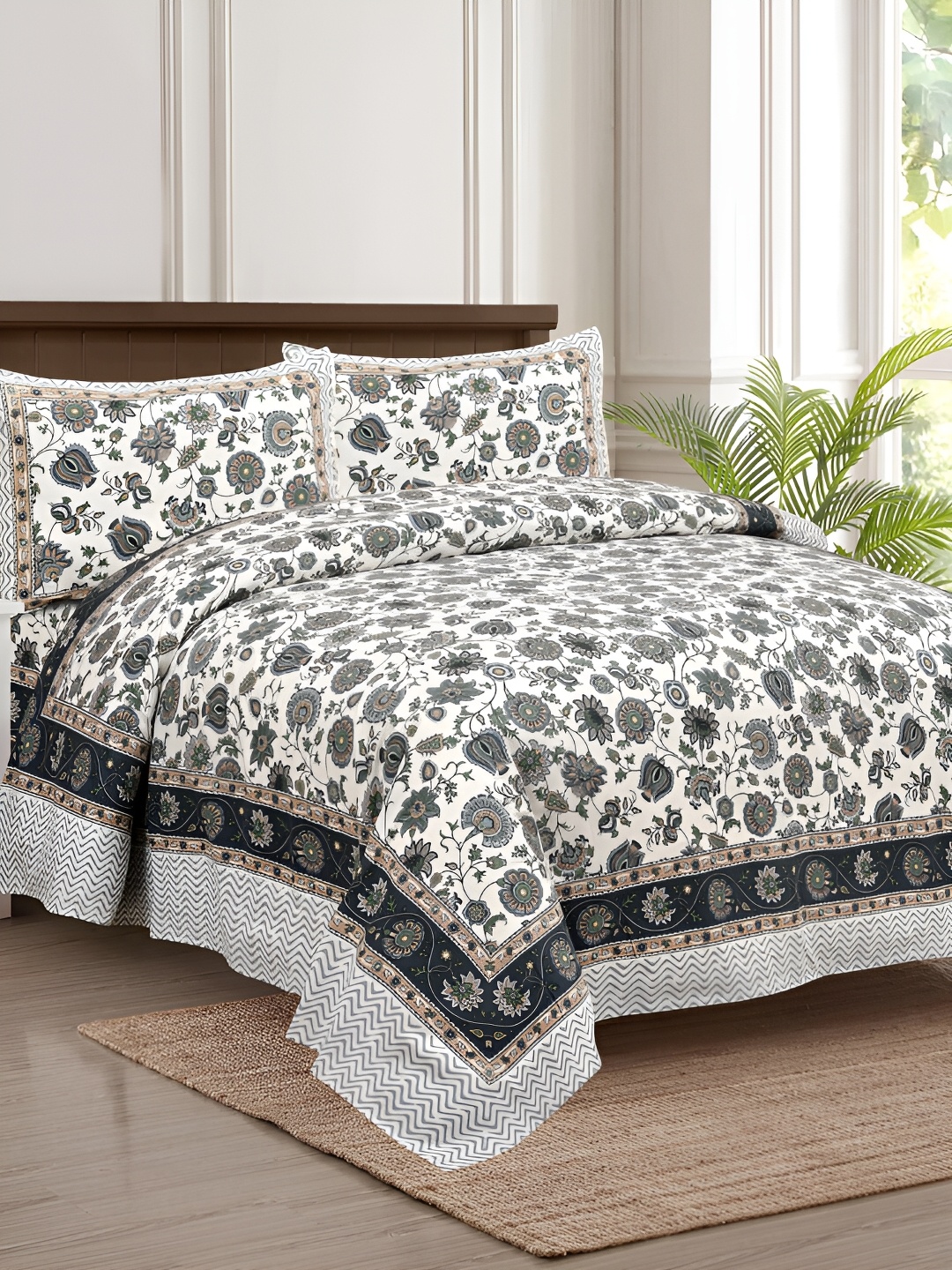 

JAIPUR FABRIC White & Grey Ethnic Motifs 180 TC King Bedsheet with 2 Pillow Covers