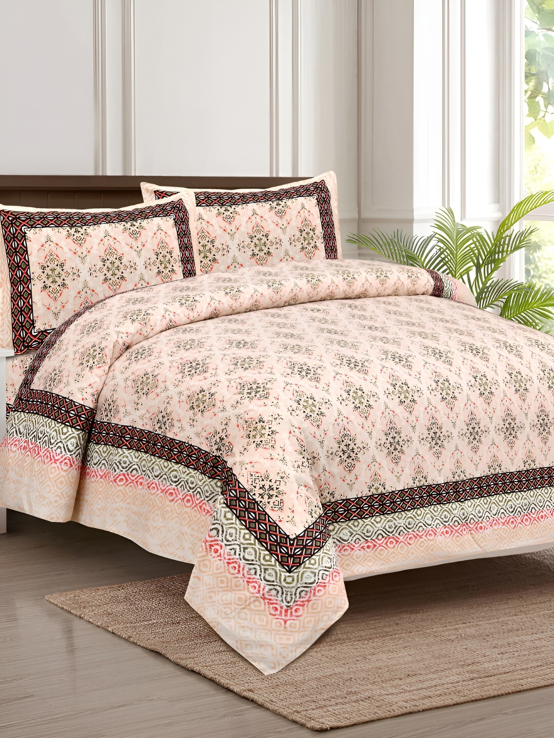 

JAIPUR FABRIC Peach-Coloured & White Ethnic Motifs 180 TC King Bedsheet with 2 Pillow Covers