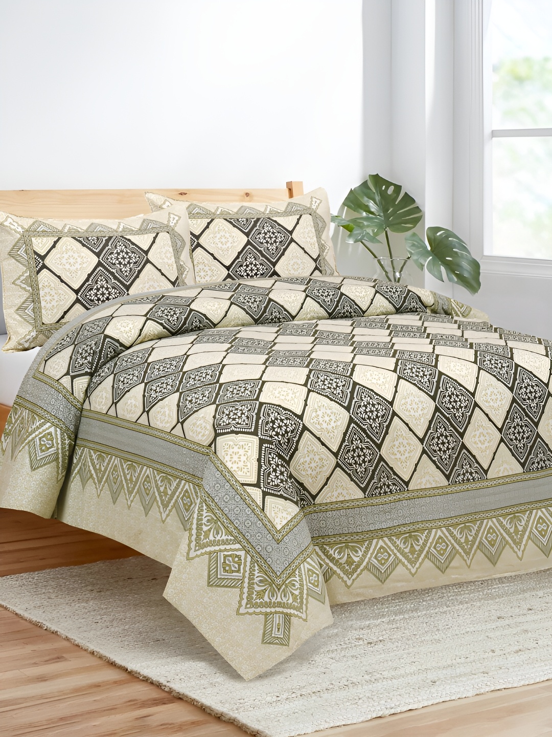 

JAIPUR FABRIC White & Black Ethnic Motifs 180 TC King Bedsheet with 2 Pillow Covers
