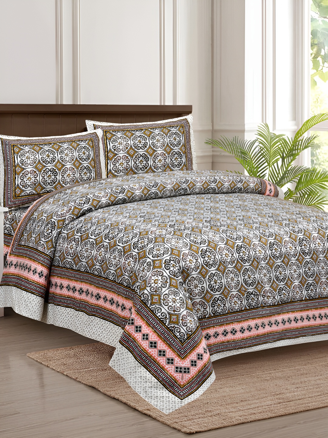 

JAIPUR FABRIC White & Black Floral 180 TC King Bedsheet with 2 Pillow Covers
