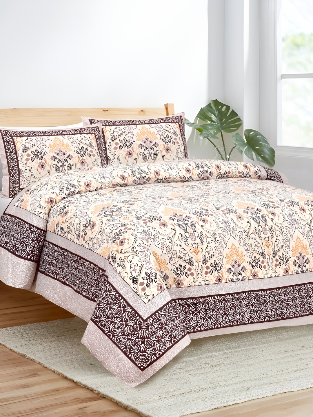 

JAIPUR FABRIC White & Purple Floral 180 TC King Bedsheet with 2 Pillow Covers