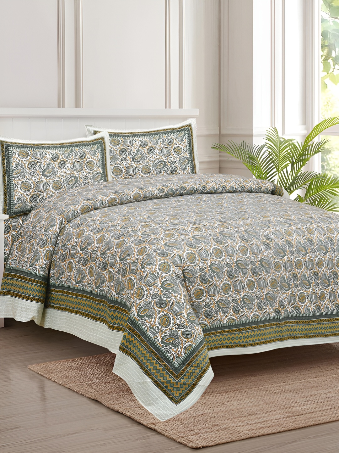 

JAIPUR FABRIC White & Grey Floral 180 TC King Bedsheet with 2 Pillow Covers